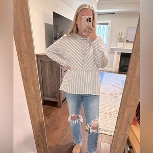 JONES NY gray striped drawstring cowl neck sweater